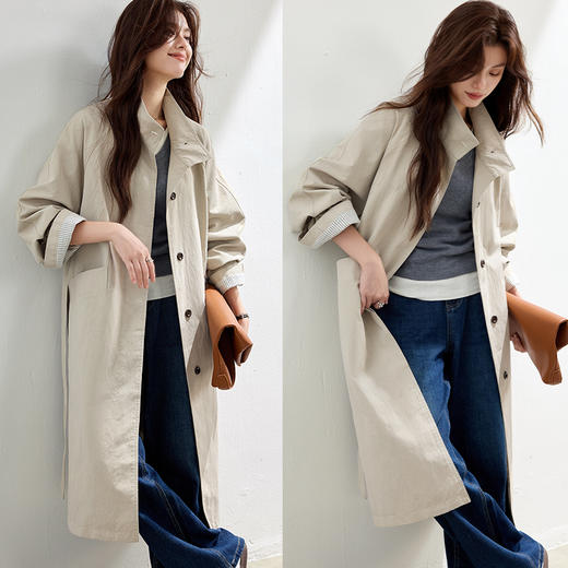 VICTORIA&VERA秋季【无皱随行】不易皱长款宽松风衣条纹袖口设计通勤气质外套 商品图11