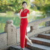 旗袍2025新款改良高开叉长款修身连衣裙舞台演出大码红色国风显瘦 商品缩略图3