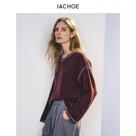 棉仓3661505006-含牦牛绒v领朗姆酒色毛衣 商品图0