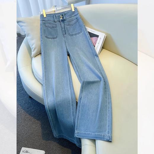 雀说浅蓝色阔腿牛仔裤女新款加绒加厚垂感显瘦宽松直筒裤子AL2505 商品图0