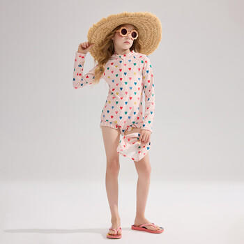 ASK JUNIOR儿童泳装夏季中大童爱心长袖连体式保守泳衣平角防走光小童泳衣 商品图0