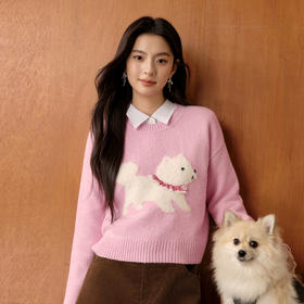 【严选】诗凡黎大图案萌宠狗狗针织衫2025冬新款粉色可爱软糯减龄套头毛衣7GA333331
