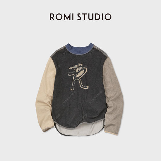 ROMI STUDIO"美式复古"色纺花纱撞色印花圆领套头卫衣 RWCASY6510 商品图1