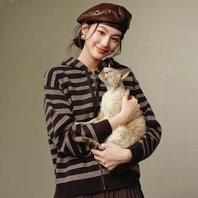 【严选】诗凡黎连帽拉链撞色条纹毛衣外套2025冬新款慵懒显瘦休闲针织开衫7GA333341