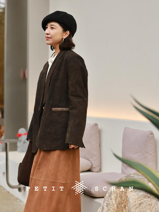 PETIT SCHAN小闪 CLO#935 Yuhuchun vase 玉壶春瓶 柿染苎麻棉拼接羊皮青果领西装外套 商品图2