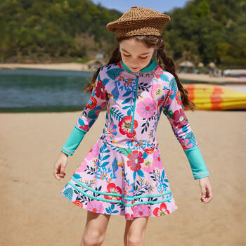 ASK JUNIOR【含泳帽】女童泳衣夏季儿童满印长袖连体式泳裙 花色 120 商品图3