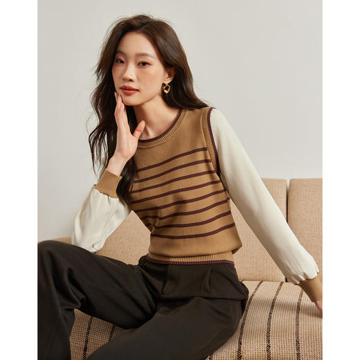 【年终特卖】熙世界假两件法式针织衫女2025早秋新款爆款长袖拼接条纹毛衣上衣 商品图0