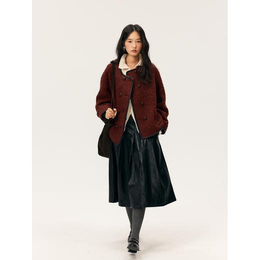 HeyDress双排扣圆领撞色边毛呢外套 商品图1