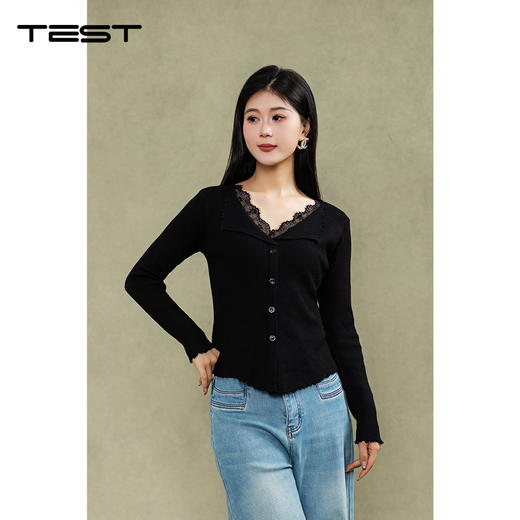 冬上新黑色蕾丝V领修身显瘦针织开衫1254093 商品图0