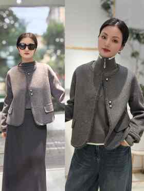 585818银扣暗扣包边短款大衣