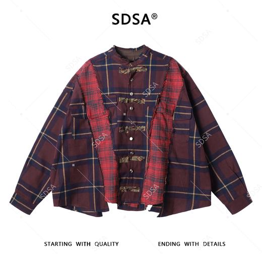 SDSA秋冬新款痞帅男装嘻哈宽松撞色拼接格纹圆领长袖衬衫百搭衬衣 商品图0