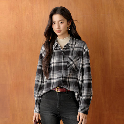 【严选】诗凡黎港式复古通勤衬衫2025秋冬新款撞色格纹长袖气质翻领上衣女7G9320971 商品图3