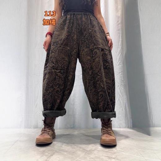 S668662025冬季新款 拼接提花贴布口袋加绒牛仔裤女 宽松高腰系带长裤女 商品图2