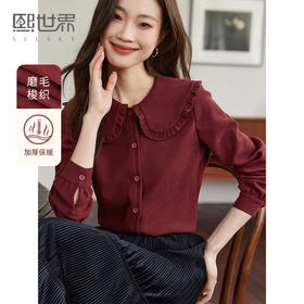 【年终特卖】熙世界复古红娃娃领衬衫女2025秋冬新款加厚磨毛法式长袖衬衣上衣