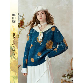 两三事梵高文艺葵与乐章2025冬季新款立体手钩花拼色海军领毛衣女