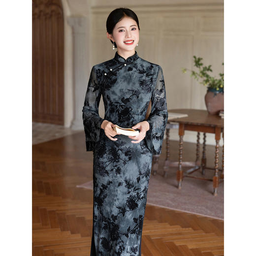 【雁归来】黑色旗袍改良复古喇叭袖新中式连衣裙优雅气质LSB4038 商品图3