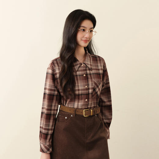 【严选】诗凡黎港式复古通勤衬衫2025秋冬新款撞色格纹长袖气质翻领上衣女7G9320971 商品图2