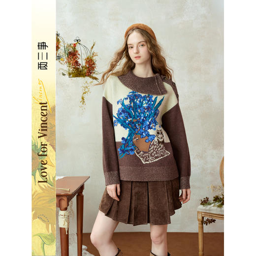 两三事梵高文艺捕风花影2025冬季新款拼色翻领提花刺绣毛衣女宽松 商品图0