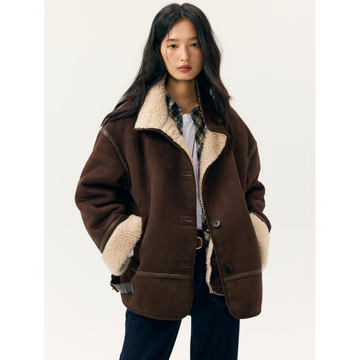 HeyDress麂皮翻领皮毛一体宽松外套 商品图0