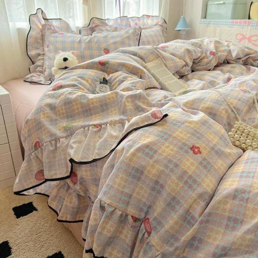 奶油花边少女粉格韩版床上四件套水洗棉双层纱被套宿舍三件套床笠 商品图3