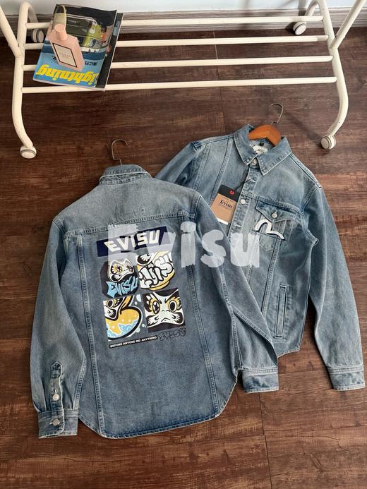 EVISU男士达摩印花潮流时尚百搭蓝色翻领休闲牛仔夹克衬衫外套 商品图3