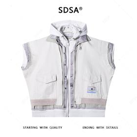 SDSA秋冬新款痞帅男装嘻哈高街拼接假两件抽绳连帽马甲百搭时尚