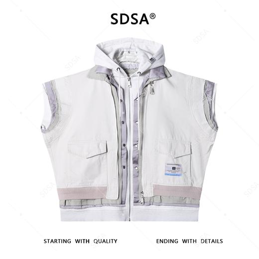 SDSA秋冬新款痞帅男装嘻哈高街拼接假两件抽绳连帽马甲百搭时尚 商品图0
