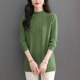 U96139-168秋冬新款半高领毛衣短款菱形提花中长款针织衫冬季修身打底上衣女