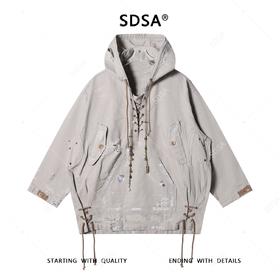 SDSA秋冬新款痞帅男装潮牌做旧重工涂鸦磨破抽绳链条撞色连帽卫衣