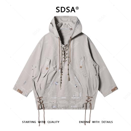 SDSA秋冬新款痞帅男装潮牌做旧重工涂鸦磨破抽绳链条撞色连帽卫衣 商品图0