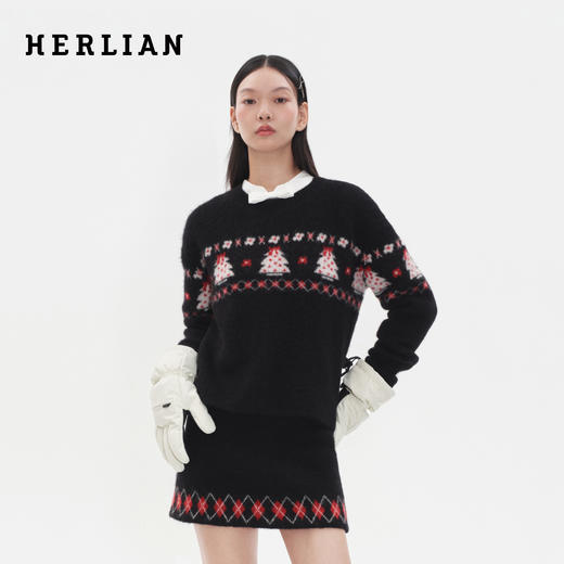 Herlian 2025冬季新品圣诞树图案圆领套头针织衫 商品图0
