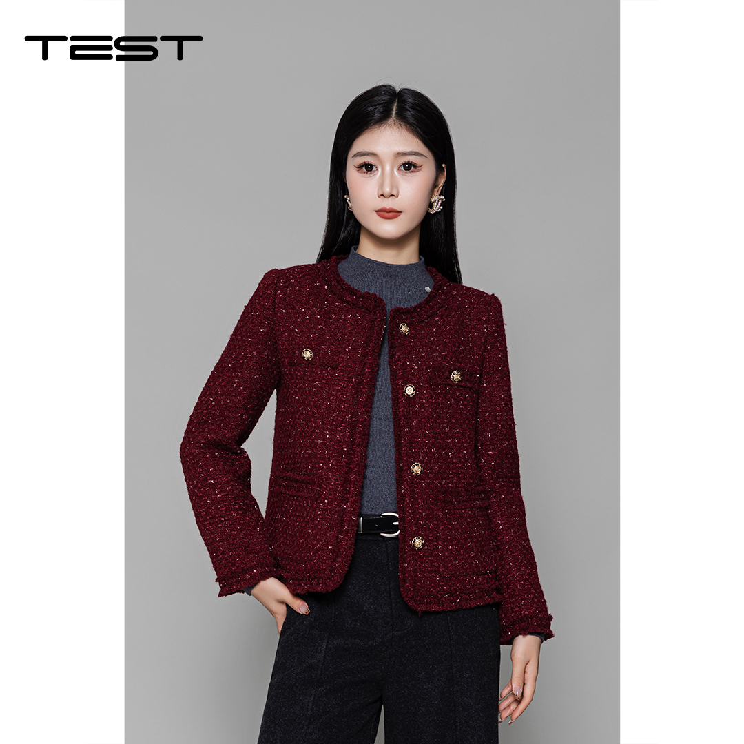 冬上新时尚百搭复古小香风酒红色呢外套2254087