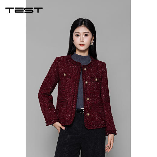 冬上新时尚百搭复古小香风酒红色呢外套2254087 商品图0