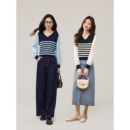 【09/03新品】熙世界假两件条纹针织衫女长袖2025秋季新款气质撞色V领正肩上衣 商品图3