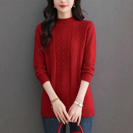 U96139-168秋冬新款半高领毛衣短款菱形提花中长款针织衫冬季修身打底上衣女 商品图3
