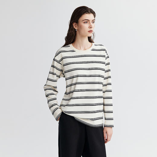 棉仓366601041-松川棉撞色粗条纹长T恤 商品图1