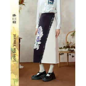 两三事梵高文艺呓语诗行2025冬季新款花卉图案拼色流苏毛织半身裙