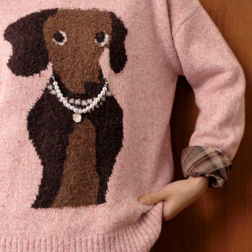 【严选】诗凡黎萌宠夹花彩点纱针织衫2025冬新款珍珠项链小狗软糯套头毛衣7GA333171 商品图3