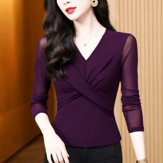 洋气时尚百搭V领长袖，纯色气质网纱打底衫修身显瘦T恤K-E37M2381 商品图0