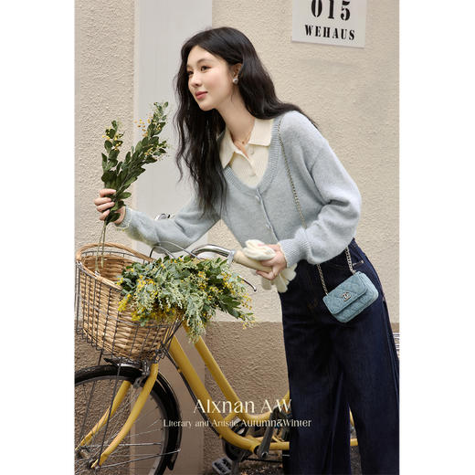 鹿向南「陷进温柔」蓝色针织毛衣女早秋新款杏色无袖背心时尚套装 商品图0