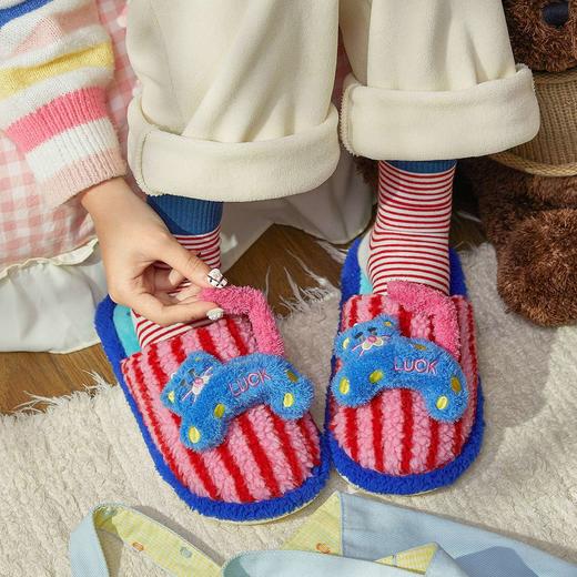 【36-40码】女士冬季新款暖冬彩条幸运毛绒居家室内女款棉拖鞋保暖撞色拖鞋【9912】 商品图0