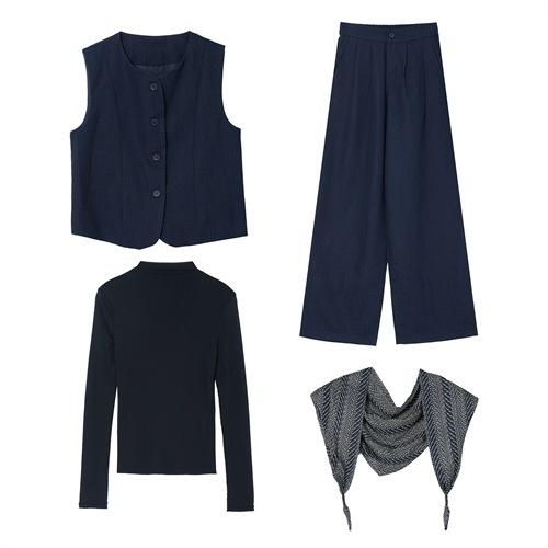 减龄百搭无袖马甲围巾上衣阔腿裤四件套HMQY8268 商品图4