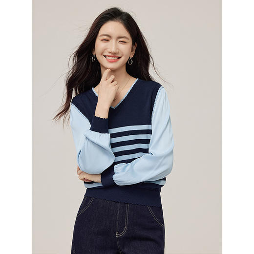【09/03新品】熙世界假两件条纹针织衫女长袖2025秋季新款气质撞色V领正肩上衣 商品图4
