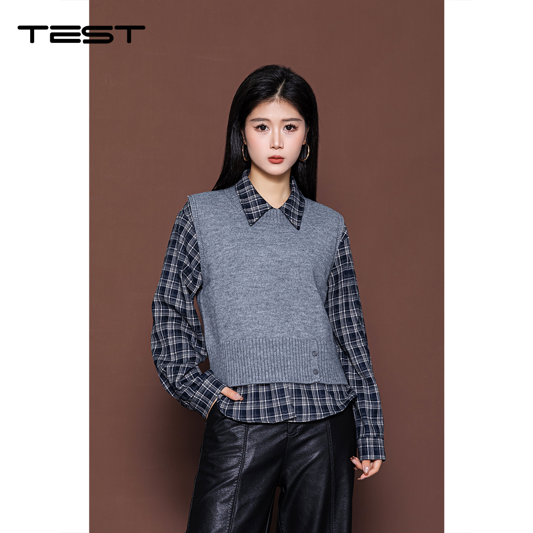 冬上新复古叠穿百搭针织马甲格子衬衫两件套1254065