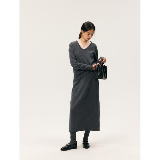 HeyDressV领开衩宽松羊毛毛衣/茧形针织松紧腰半裙 商品图2