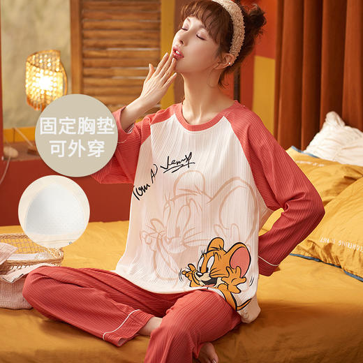 【带胸垫可外穿❗️卡通减龄 柔棉亲肤 透气不起球】可外穿睡衣女士秋冬季棉质长袖长裤韩版卡通宽松青少年家居服套装。hb 商品图3