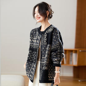 SC97-3081-308 2025秋冬新款毛衣复古提花针织开衫撞色宽松长袖短外套单排扣女装