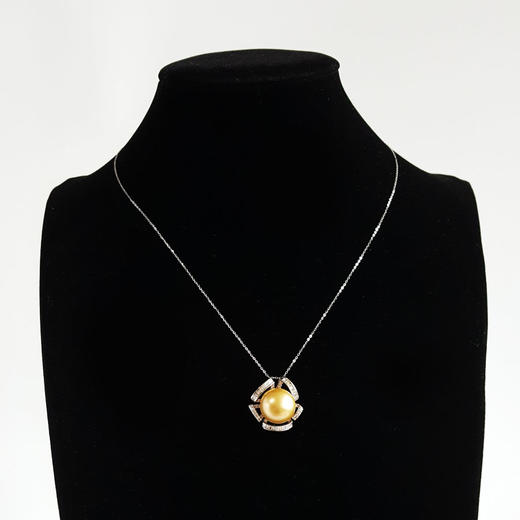 【天然正品】AU750收藏级白金镶钻镶天然近完美约14.5MM金色南洋海水珍珠吊坠项链链长：45CM（长度可调节）女士280925TJ17 商品图0