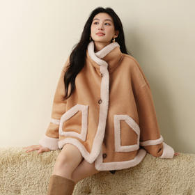 【严选】诗凡黎皮毛一体加厚保暖短外套2025冬新款宽松两穿麂皮气质外套女7GA110551