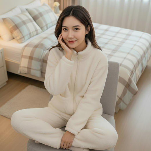 秋冬季睡衣女士珊瑚绒加绒加厚保暖法兰绒拉链立领家居服两件套 商品图2